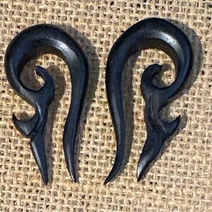 Black Hand-Carved Spiral Wooden Earrings - Tribal Style Pair